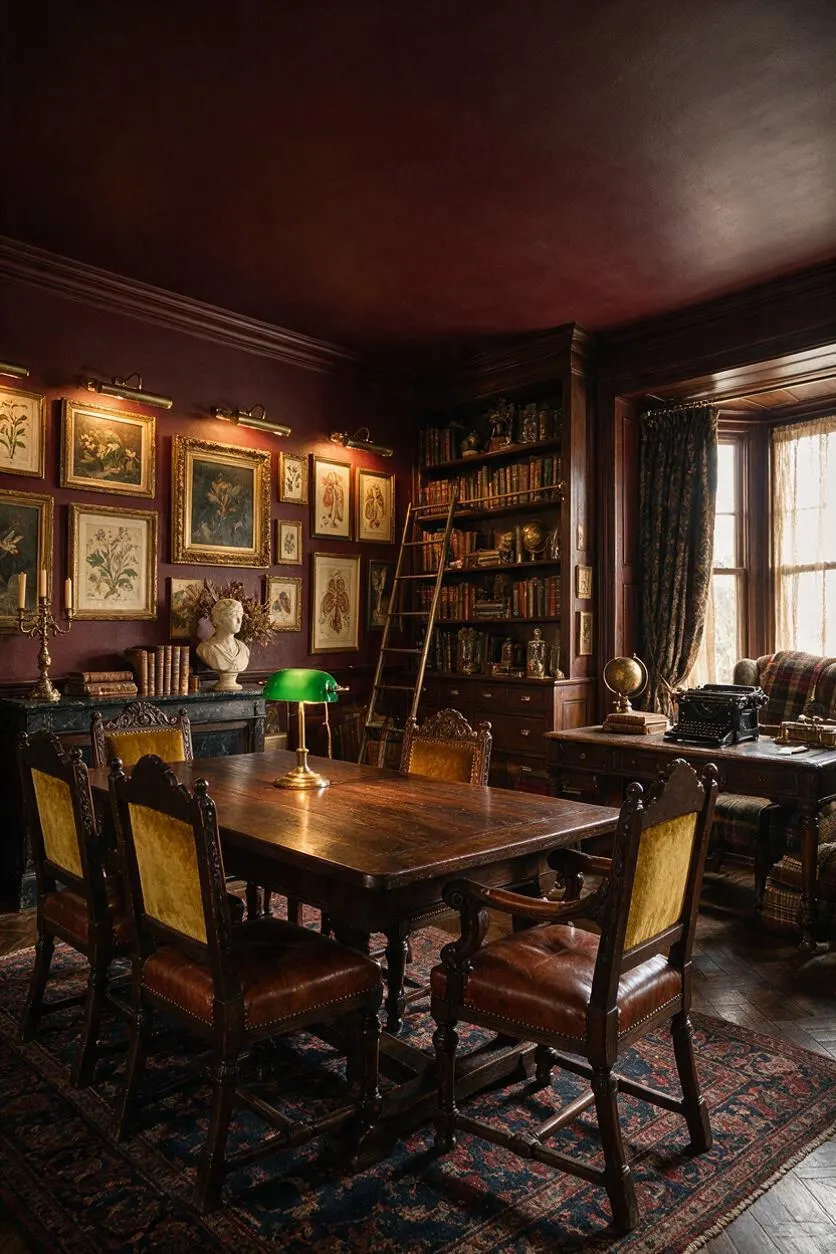 A dark academia dining room with a polished wood table and carved chairs upholstered in mustard yellow and brown leather. The burgundy walls are filled with framed botanical art, and built-in bookshelves, a green banker’s lamp, patterned rug, and vintage desk by a sunlit window create a scholarly, antique atmosphere.