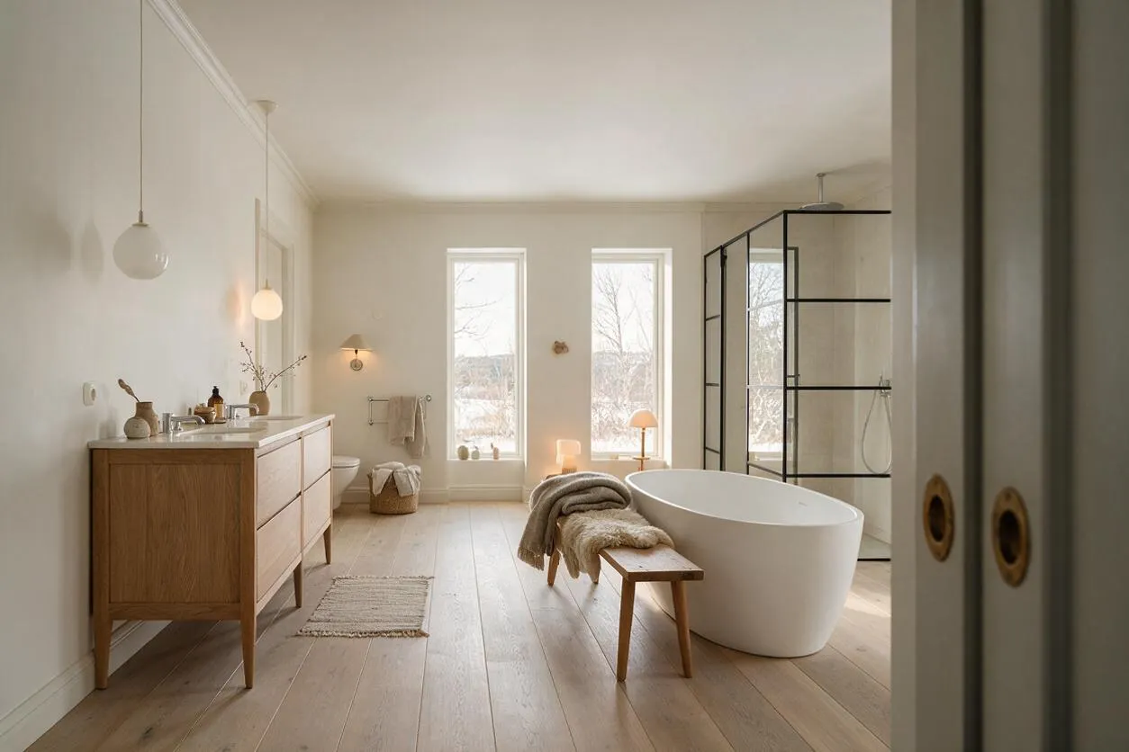 A spacious Scandinavian-style master bathroom with a light wood vanity on the left, a freestanding white oval bathtub in the center, and a black-framed glass shower on the right. Tall narrow windows bring in soft daylight, while neutral walls, pale wood floors, and cozy textiles create a calm, airy atmosphere.
