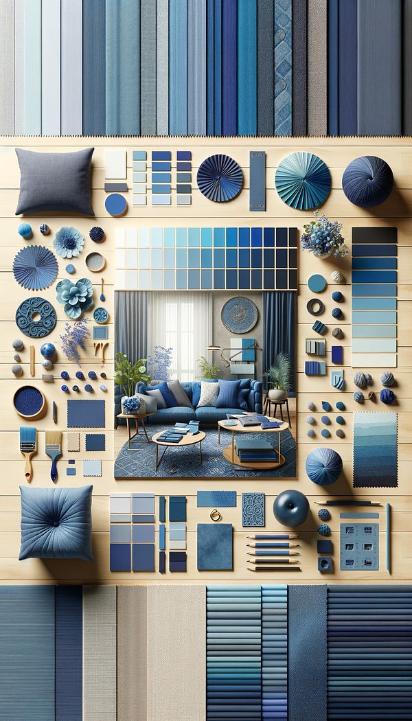 An interior design mood board showcasing various shades of blue, ranging from light to dark, with fabric swatches and paint chips.