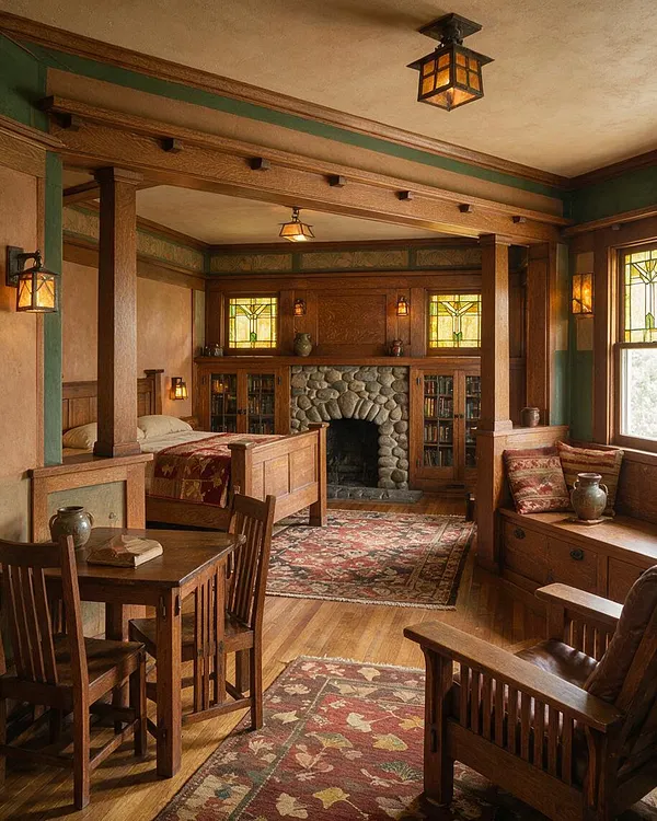 A Craftsman-style guest bedroom with rich wood trim, exposed beams, and a stone fireplace centered on the far wall. The room includes a wooden bed, built-in bookcases, stained glass windows, patterned rugs, and warm amber lighting, creating a cozy, historic atmosphere.