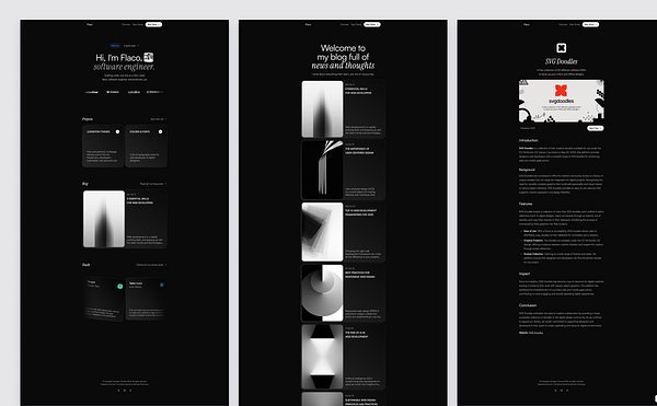 The image displays a multi-section website layout featuring a personal introduction, project highlights, blog entries, and a detailed project description.