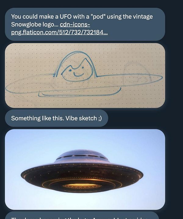 The image features a conversation about designing a UFO-themed advertisement, including a sketch and a photo of a UFO.