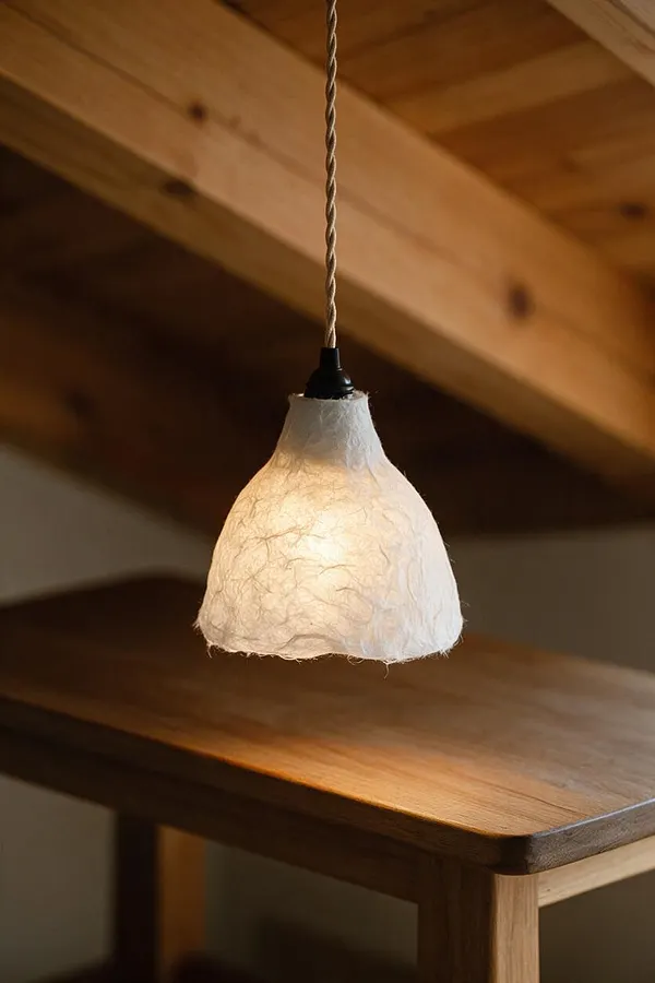 A small hanging pendant lamp with a soft, white handcrafted paper shade and twisted cord glows warmly above a wooden table. The background shows exposed wooden beams and a calm neutral interior.