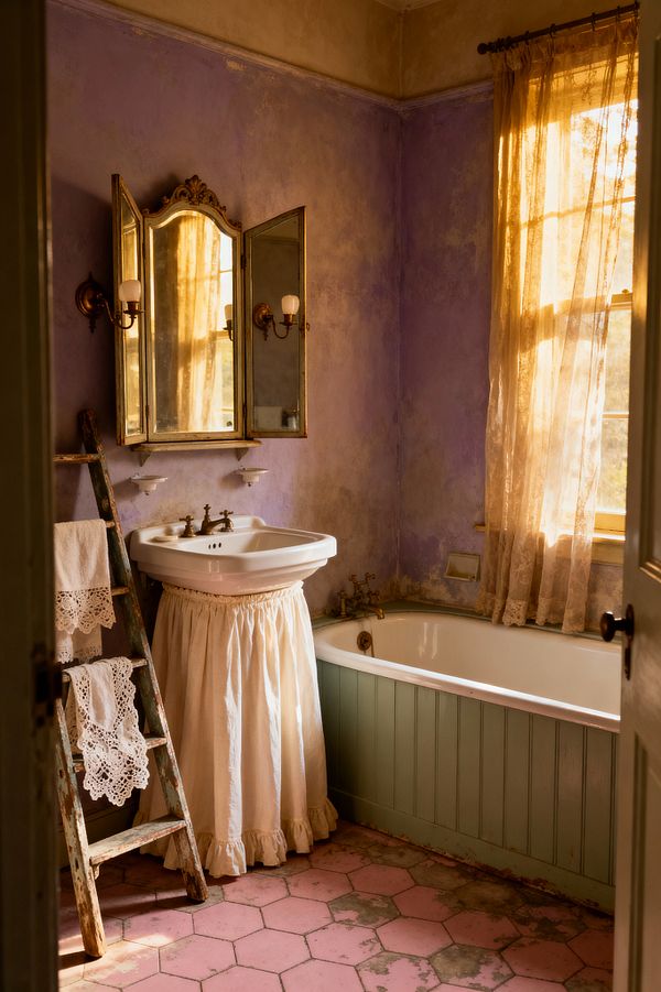 A vintage-style bathroom with dusty lavender plaster walls and golden light filtering through ivory lace curtains. A white ceramic sink with a ruffled skirt stands beneath an antique brass-framed tri-fold mirror flanked by brass sconces, next to a built-in tub clad in sage beadboard with brass taps. A weathered wooden ladder displays crocheted towels, and the floor is covered in faded pink hexagon tiles showing worn patina.