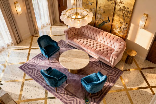 Living room seen from above with a blush pink tufted velvet sofa, three peacock-blue velvet armchairs, and a round marble-top coffee table centered on a mauve rug with a Greek-key border. Behind the sofa stands a gold-leaf chinoiserie screen; a brass chandelier with white glass globes, alabaster wall sconces, terrazzo flooring with brass inlays, and tall beige curtains complete the vintage glam setting.