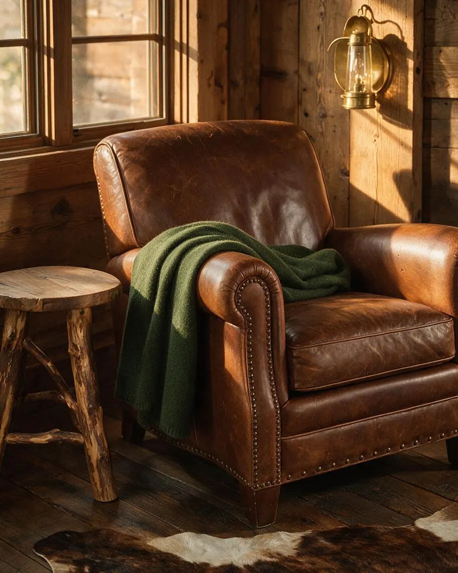 A rustic reading corner features a worn brown leather armchair with nailhead trim, draped with a dark green throw blanket. It sits beside a small natural wood side table, with a brass wall lantern, wood plank walls and floor, and warm sunlight streaming through a window.