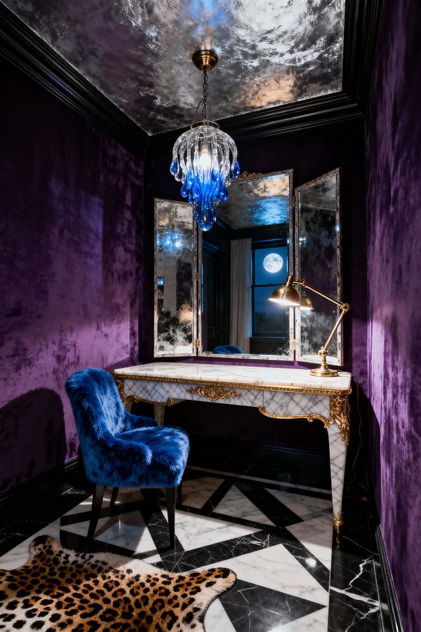 Compact home office lined in deep purple velvet features a white marble writing desk with ornate gold gilding and a hinged triptych of antiqued mirrors beneath a silver-leaf ceiling. A cobalt blue shag chair sits on black-and-white inlaid marble flooring with a leopard-print hide, while a brass task lamp and a brass-hung glass chandelier fading from clear to blue add warm light; a window in the reflection shows a moonlit night.