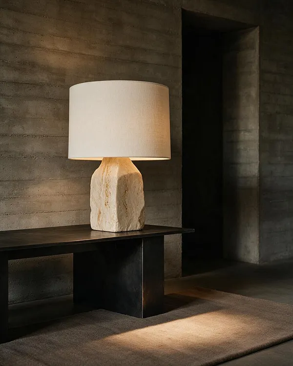 A sculptural table lamp sits on a dark rectangular console in a dim room with textured concrete walls. The lamp has a rough, stone-like carved base and a large off-white cylindrical linen shade, casting a warm glow onto the neutral rug below.
