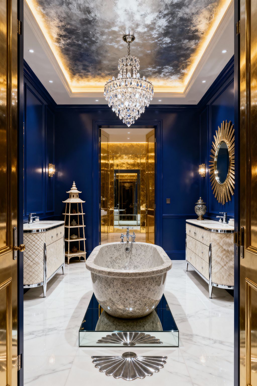 A glamorous bathroom in Hollywood Regency style features deep navy lacquered walls and white marble floors centered by a freestanding stone bathtub on a mirrored platform. A tiered crystal chandelier hangs beneath a cove-lit silver-leaf ceiling, while symmetrical vanities with quilted ivory fronts, marble tops, crystal sconces, a gilded sunburst mirror, polished brass doors, and antiqued gold mirrors amplify warm reflections.