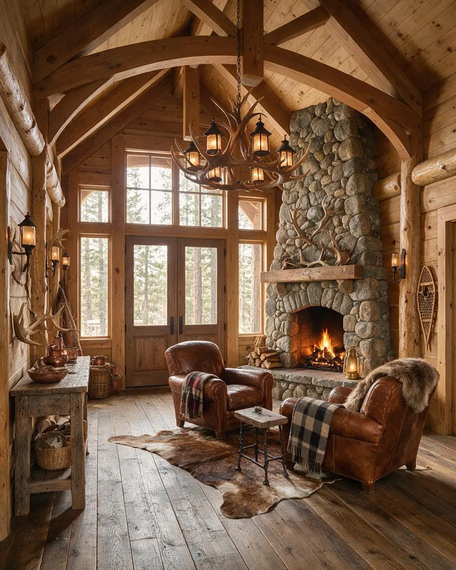 A rustic entryway with vaulted wood ceilings, exposed beams, a large stone fireplace, and a chandelier made of antlers. Leather armchairs, a cowhide rug, and warm lantern-style wall lights create a cozy lodge atmosphere beside tall windows and wooden double doors.