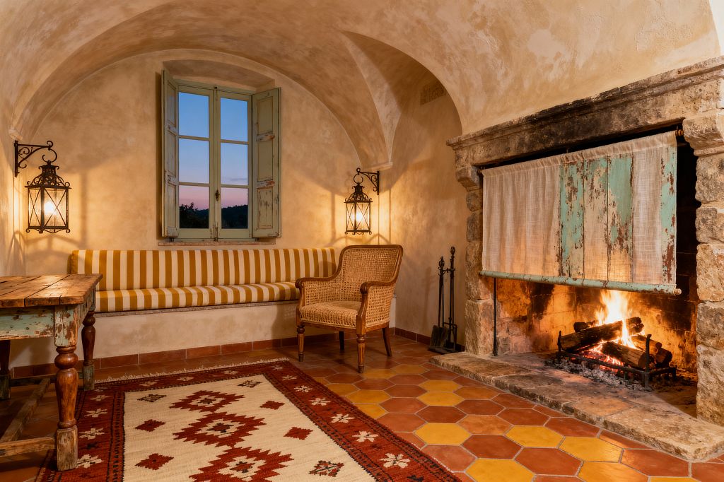 An intimate, arched room with limewashed plaster walls and terracotta hex tile flooring. A long built-in bench beneath a window with distressed sage shutters is upholstered in mustard and white stripes and flanked by wrought-iron lantern sconces. A woven rattan armchair sits near a large stone fireplace where a fire burns behind a linen screen and weathered turquoise wood. A rustic wood table and a red-and-cream kilim rug complete the warm setting.