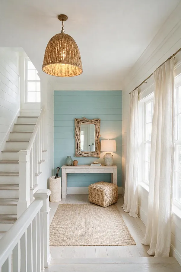 A bright coastal entryway with white walls, a pale blue shiplap accent wall, and a woven pendant light overhead. The space includes a rustic wood console, driftwood-style mirror, linen curtains, a jute rug, and woven seating, with a staircase along the left side.