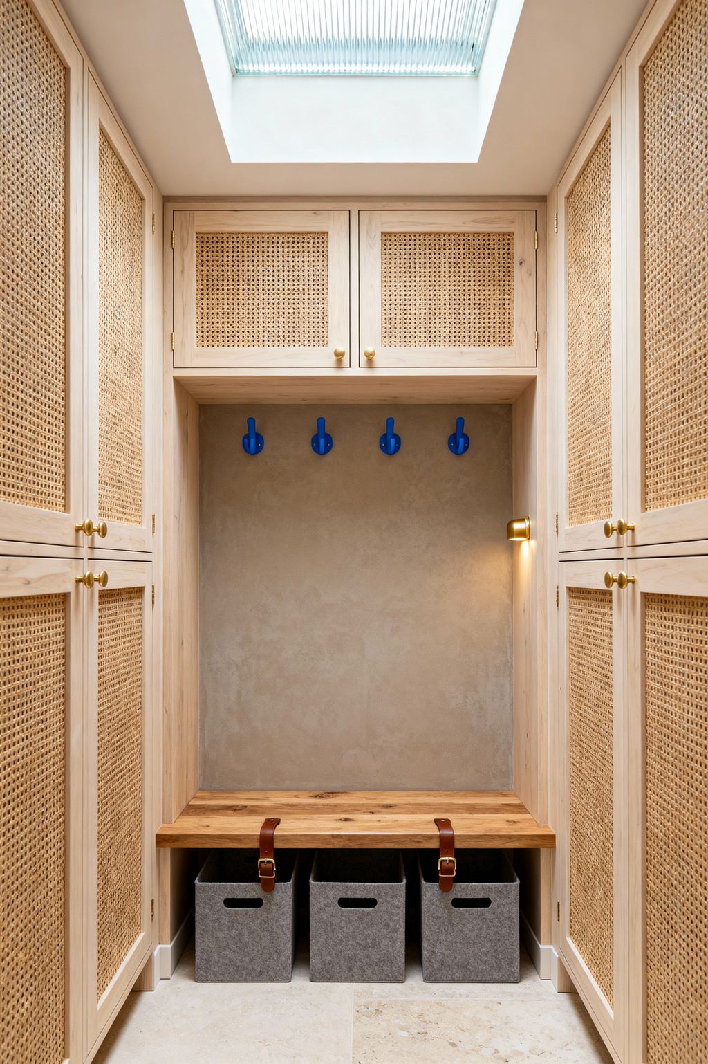 Room AI – Cane-Front Mudroom with Oak Bench and Skylight - Interior