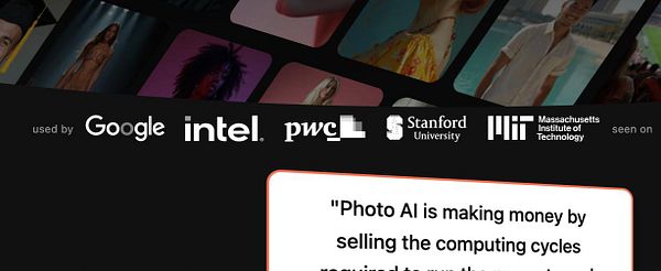 The image features logos of prominent companies and institutions associated with Photo AI, along with a quote about its business model.