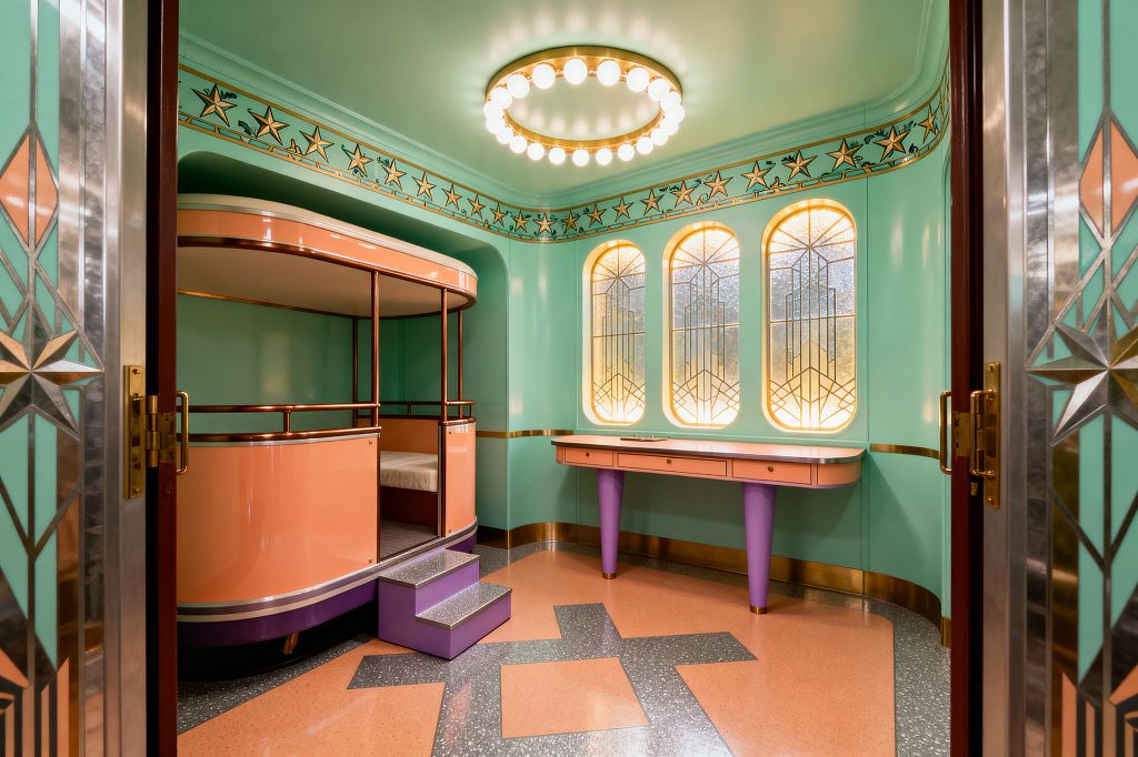 A kids’ room in Art Deco style features mint walls with a star frieze and a circular brass ceiling light ringed with globe bulbs. A curved peach bunk bed with brass rails and lilac steps faces three arched stained-glass windows backlit with warm light, beside a peach console on purple tapered legs. The terrazzo-pattern floor in salmon and charcoal and geometric metal inlays on the doors complete the period look.