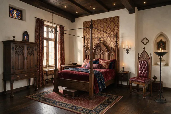 A Gothic-style master bedroom with a carved wooden canopy bed centered on a patterned rug, burgundy velvet bedding, and ornate tapestry behind the headboard. The room includes stained glass windows, a dark wood armoire, a tufted leather chair, wall sconces, and a dark beamed ceiling with warm recessed lights.