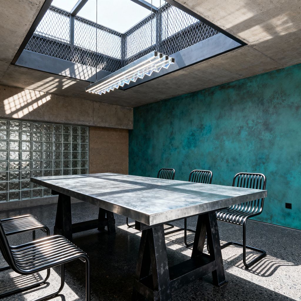 A skylit industrial dining room features a rectangular zinc-topped table on black steel trestle legs, surrounded by ribbed black metal chairs. Light pours through a large ceiling skylight with expanded metal mesh edging, casting lattice shadows across a mottled teal patina wall, a glass-block partition, and a dark polished concrete floor, while a linear zigzag LED pendant hangs below a raw concrete ceiling.