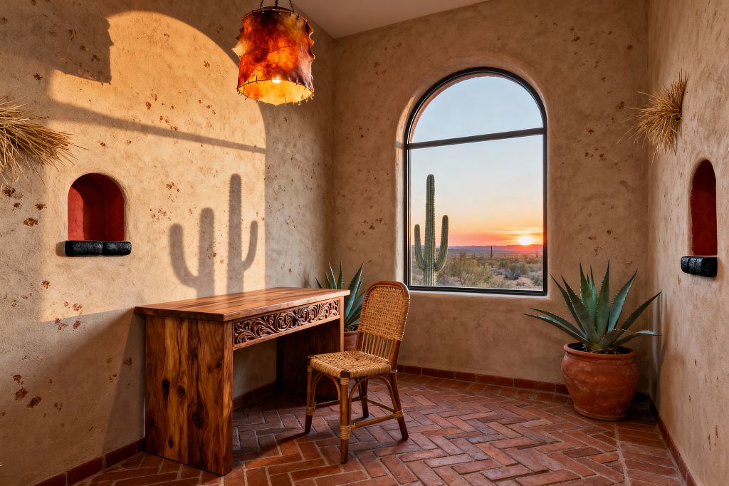 A Southwestern home office with textured adobe walls and an arched, black-framed window overlooking a desert sunset with tall saguaro cacti. A carved solid-wood desk and woven rattan chair sit on terracotta herringbone flooring. A rawhide pendant casts warm light, while brick-red wall niches with dark ledges, dried grass bundles, and a potted agave in a clay pot complete the earthy palette.