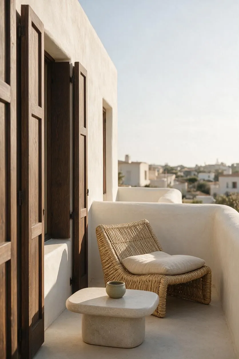 A small exterior balcony with smooth white stucco walls, dark wood shutters, and a woven lounge chair with a neutral cushion. A rounded stone side table and tiny cup sit in the foreground, with a soft cityscape visible in the distance.