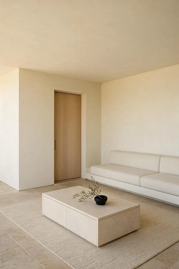 A serene minimalist front porch with smooth white walls, a light wood door, and a low cream sofa along the side wall. A textured beige rug anchors a simple rectangular coffee table topped with a small black bowl and olive branch, all set over pale stone tile flooring.
