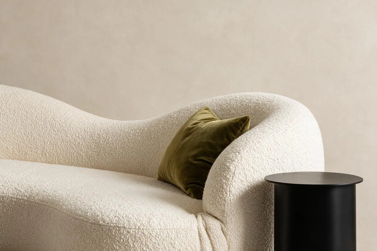 A modern seating vignette with a sculptural cream bouclé sofa featuring rounded arms and a matching seat, accented by an olive green velvet pillow. A small matte black cylindrical side table sits beside it against a warm beige wall.