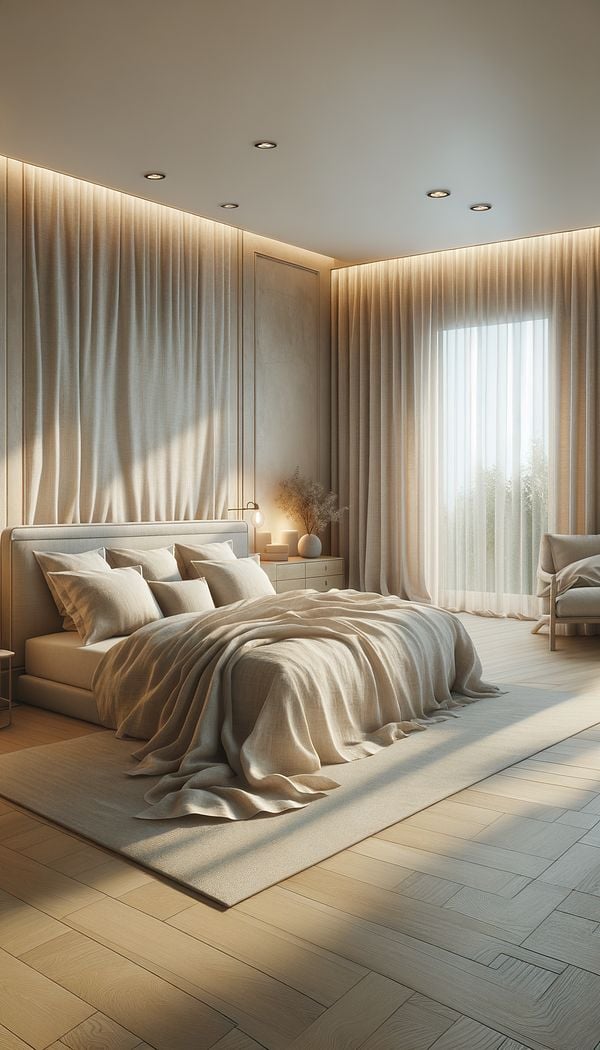 a bedroom featuring linen curtains and bedding, reflecting a natural and serene ambiance