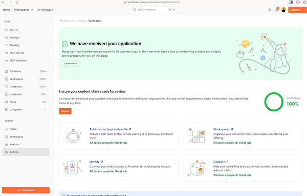 The image displays a Postman interface showing the verification status for a public workspace.