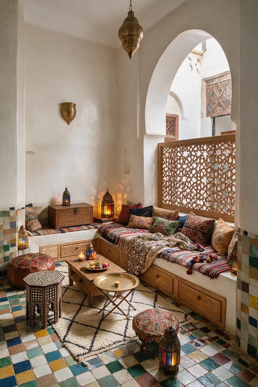 A Moroccan-style front porch with white plaster walls, a tall horseshoe arch, and built-in wooden seating layered with colorful patterned cushions and woven textiles. The space features brass lanterns, carved wood storage pieces, a low coffee table, a patterned rug, and a mosaic tile floor in earthy, jewel-toned colors.