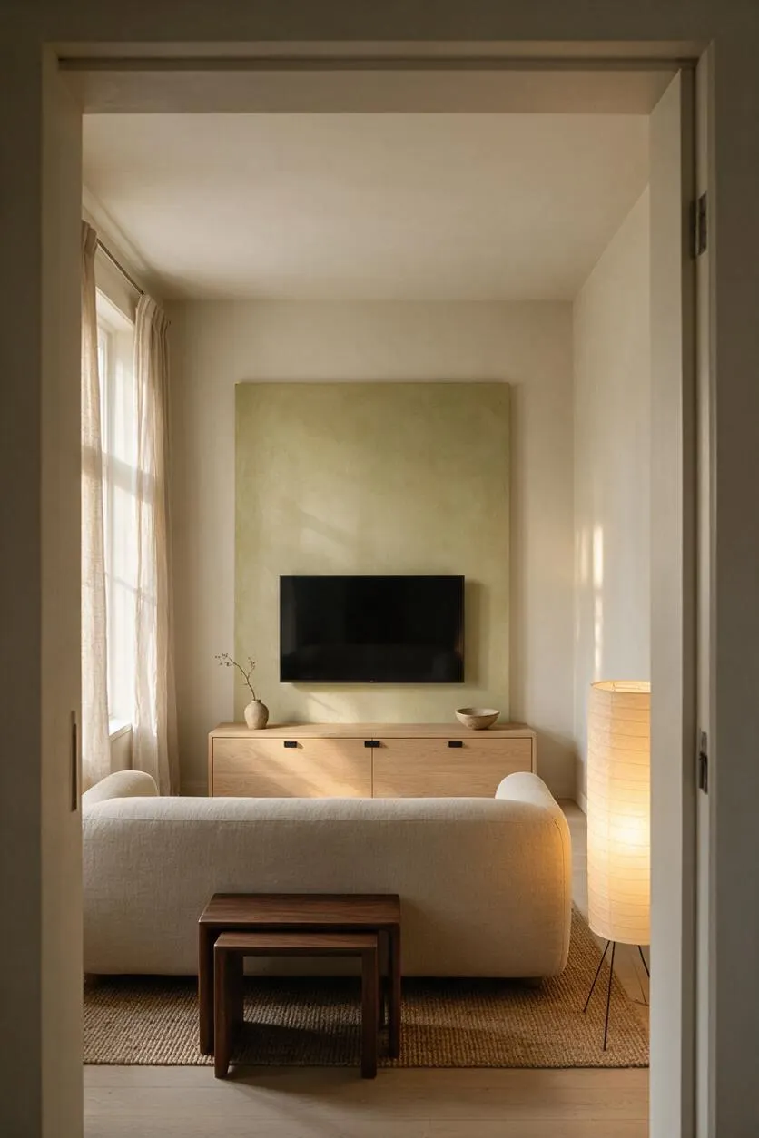 A calm Japandi-style media room seen through a doorway, featuring a wall-mounted TV centered on a pale green textured panel above a light wood media console. A cream sofa faces the screen, with nested dark wood tables on a woven rug, sheer curtains on the left window, and a paper floor lamp glowing softly on the right.