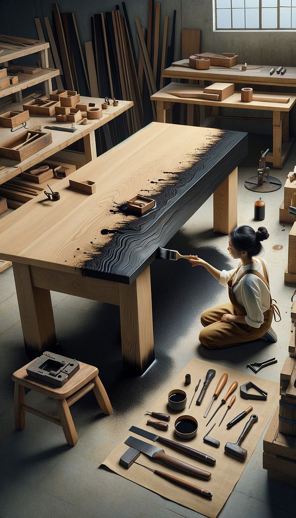 an oak table being treated with a dark ebonizing solution in a well-lit woodworking shop