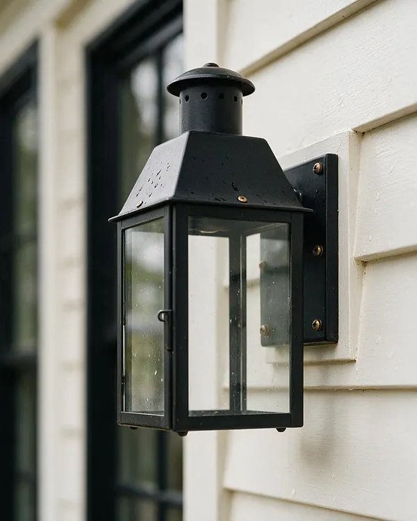 A close-up of a matte black lantern-style wall sconce mounted on white clapboard siding beside a dark-framed window. The fixture has clear glass panels, a classic farmhouse silhouette, and brass-toned screws that add subtle vintage character.