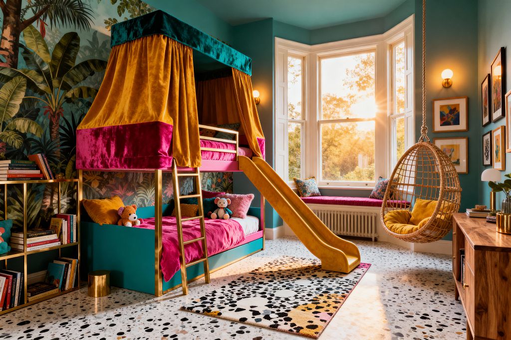 A vibrant kids’ room with teal walls and ceiling features a tropical jungle mural behind a teal-painted bunk bed framed in brass, dressed with magenta and mustard velvet canopy curtains and bedding, and reached by a brass ladder with a glossy yellow slide. A white terrazzo floor with black chips holds a spotted rug, a rattan hanging chair with a mustard cushion, a fuchsia window-seat bench, brass globe sconces, open gold shelving of books, and a warm wood console beneath a colorful gallery wall.
