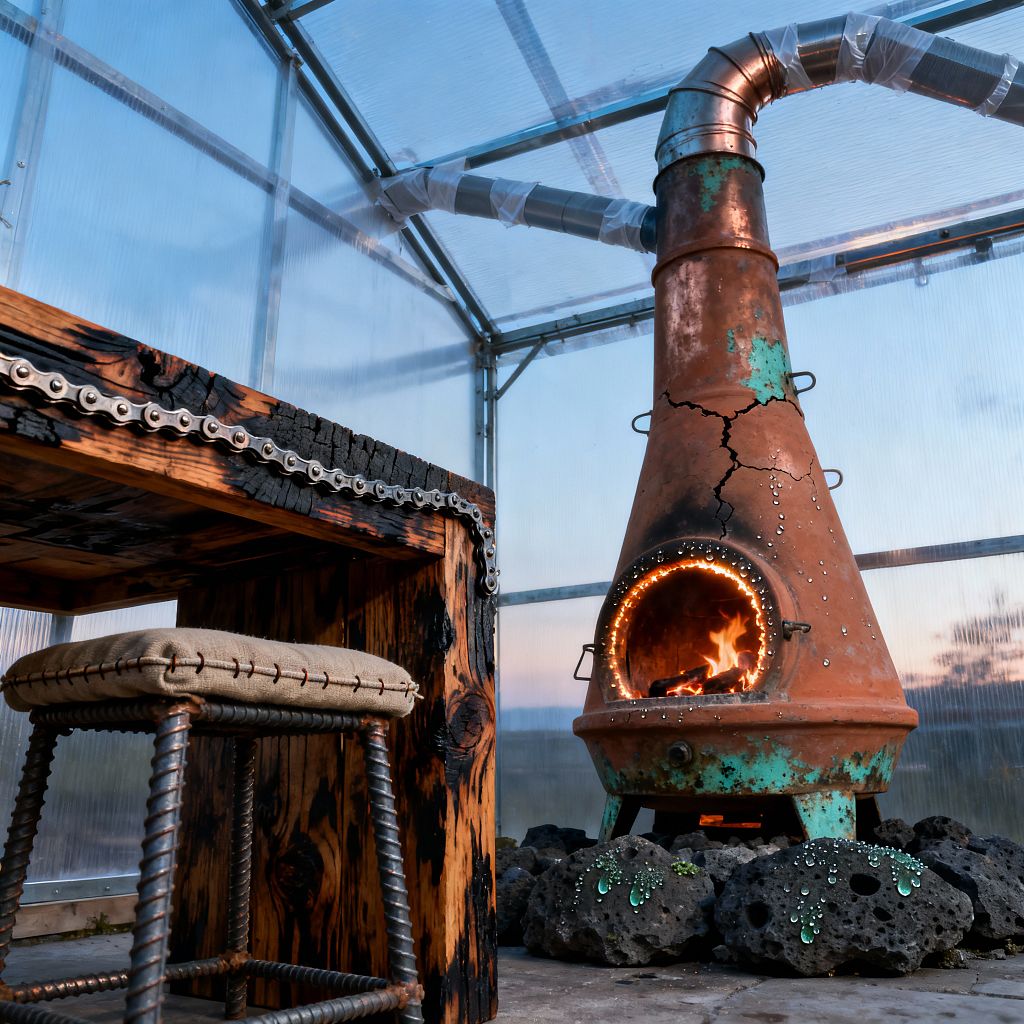 A patio inside a clear polycarbonate greenhouse features a tall conical chiminea with green-blue patina and visible cracks, set on black lava rocks, its curved metal flue patched and venting overhead. At left, a heavy charred wood bar edged with a bicycle chain stands beside a rebar-legged stool topped with stitched burlap, while the fire’s warm glow contrasts with the cool blue evening beyond the translucent walls.
