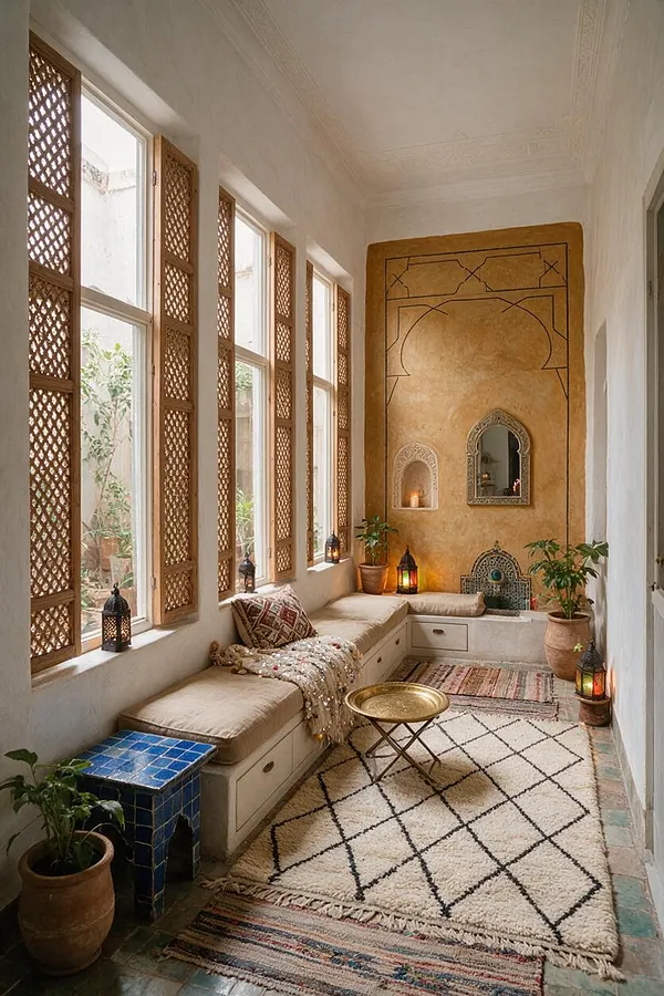 A narrow sunroom styled in Moroccan fashion with tall windows fitted with carved wooden lattice shutters, cream built-in seating, and a textured ochre accent wall. The space includes patterned rugs, brass and glass lanterns, potted plants, and decorative arched mirrors for a warm, layered look.