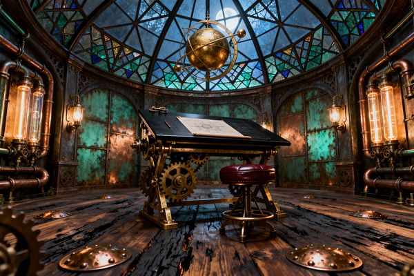 Round steampunk home office beneath a stained-glass domed ceiling with the moon visible. A brass orrery hangs above a gear-driven drafting table with a black top, blueprint, and a red leather swivel stool. Walls feature oxidized copper panels with rivets, exposed copper pipes, glass tubes, and brass sconces. The distressed wood floor has brass plates, while warm amber lighting contrasts with cool moonlight from above.