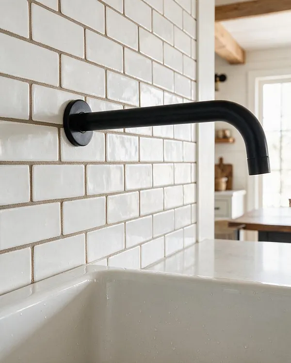 A close-up of a matte black wall-mounted faucet extending over a light sink, set against glossy white subway tile with warm grout. In the background, a bright farmhouse-style room with natural wood accents and soft neutral finishes is softly out of focus.