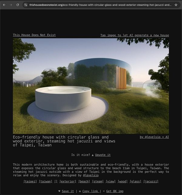 A modern eco-friendly house featuring circular glass and wood design, with a hot jacuzzi and views of Taipei.