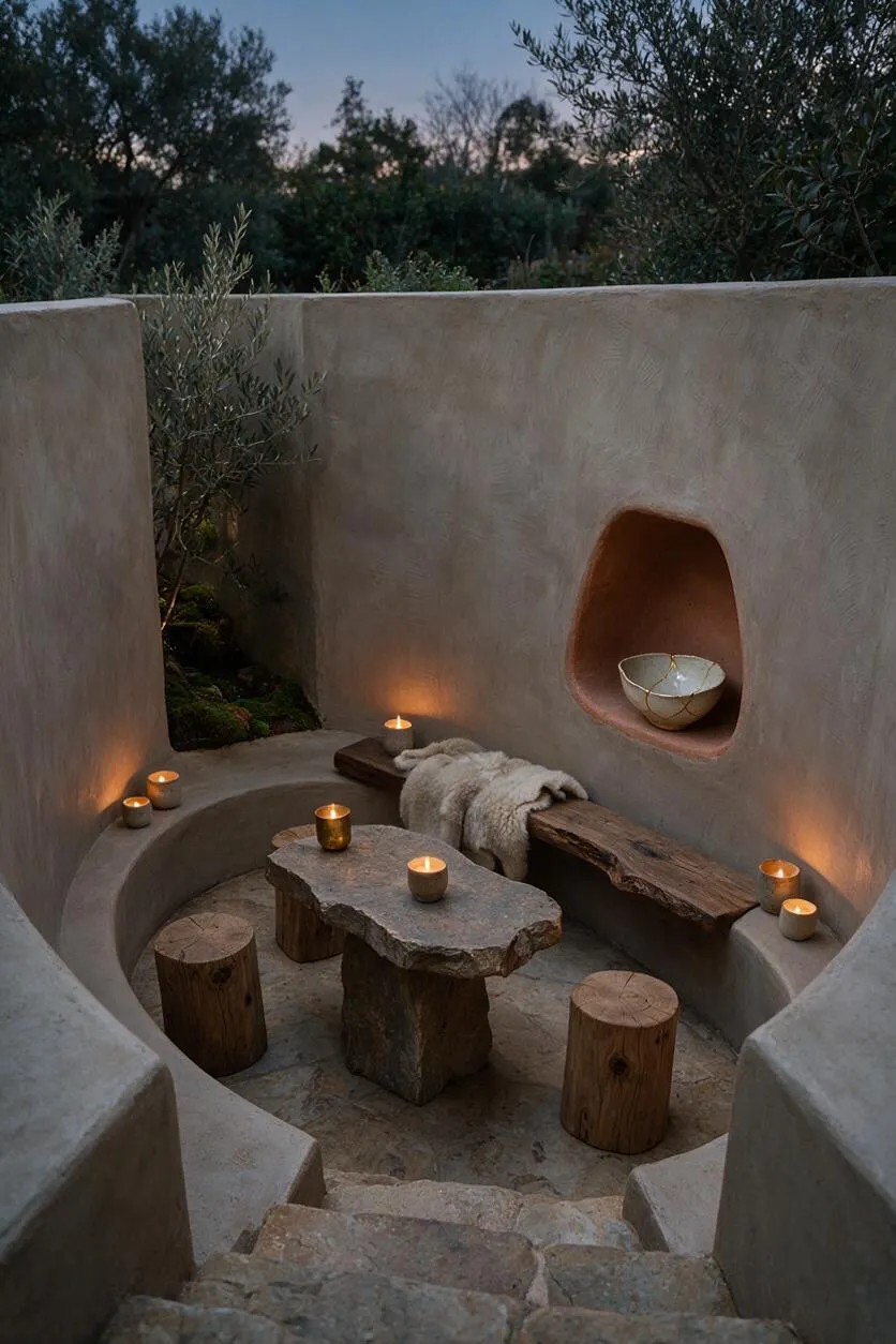 A small wabi-sabi backyard seating nook with smooth plaster walls, a curved built-in bench, and a rough stone table. Wooden stools, a wool throw, and several glowing candles add warmth, while an open niche and surrounding olive-like greenery create a quiet, natural atmosphere at dusk.