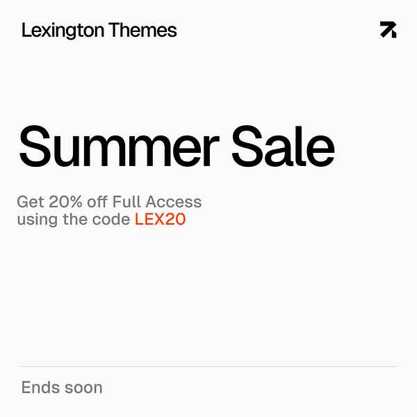 Promotional graphic for a summer sale by Lexington Themes.