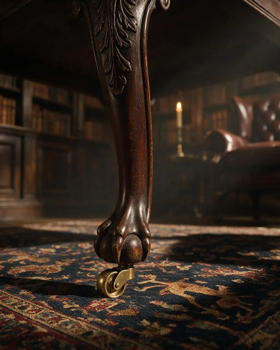 A close-up view of an ornate dark wooden furniture leg with carved details and a small brass caster resting on a patterned oriental rug. In the softly blurred background, bookshelves, a leather armchair, and a single candle create a warm, scholarly atmosphere.