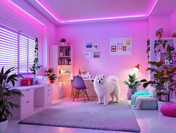 A cozy, modern interior space featuring a white dog amidst vibrant decor and lighting.