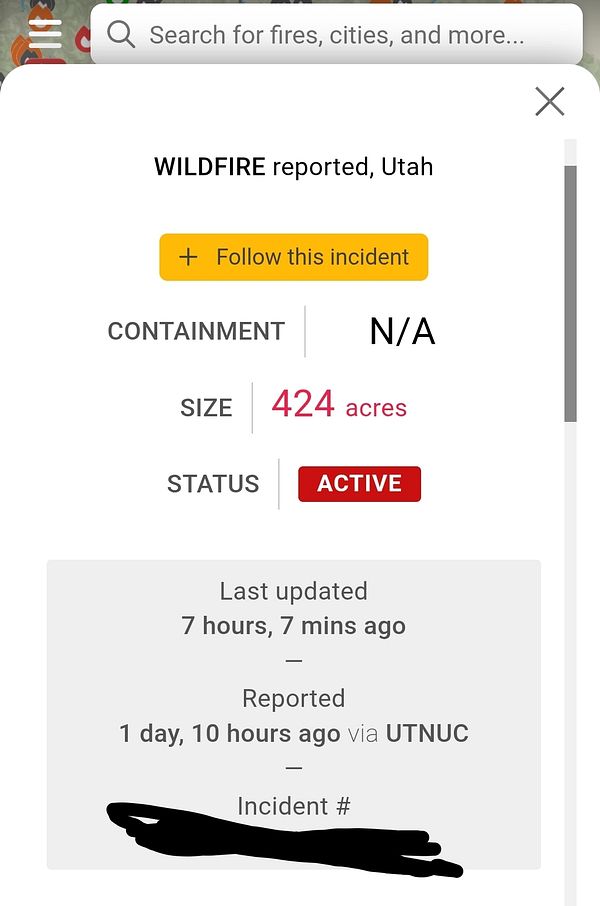 The image displays a wildfire report interface for an active incident in Utah.