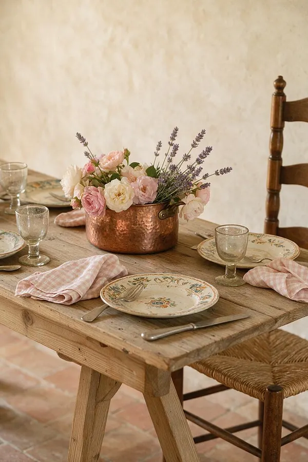 A rustic wooden dining table is set for a meal with floral ceramic plates, clear stemmed glasses, and pink gingham napkins. At the center, a hammered copper pot holds pale pink roses and lavender, with a wooden chair and terracotta floor completing the French Country look.