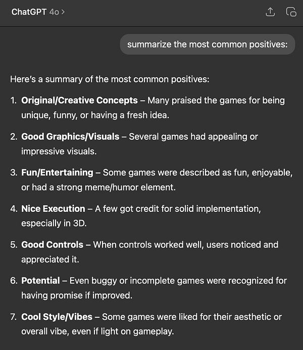 The image displays a summary of positive feedback for various games.