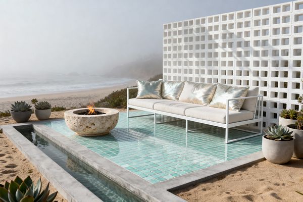 An outdoor patio on a beach features a seafoam mosaic-tile platform bordered by poured concrete and a shallow reflecting rill. A white powder-coated metal sofa with ivory cushions and pearlescent pillows faces a round travertine fire bowl, backed by a white breeze-block wall and flanked by gray concrete planters of succulents, with foggy ocean and dunes in the background.