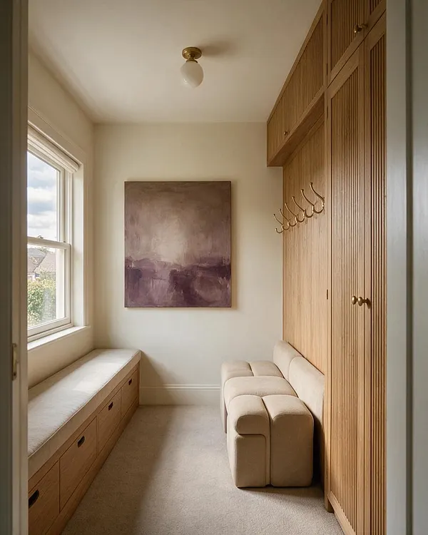 A narrow modern closet with light oak slatted cabinetry along one wall, brass hooks, and a cushioned built-in bench beneath a window seat on the opposite side. The space features cream walls, a soft beige carpet, a compact upholstered ottoman, and a muted abstract painting for a calm, refined atmosphere.