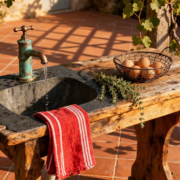 A rustic outdoor sink sits on a reclaimed-wood table with a dark stone basin and a patinated copper faucet running gently, droplets marking the surface. A red striped dish towel hangs over the edge beside a wire basket filled with brown eggs and a sprig of rosemary, while sunlit terracotta tiles, a vine-covered post, and lattice shadows set a warm farmhouse patio backdrop.
