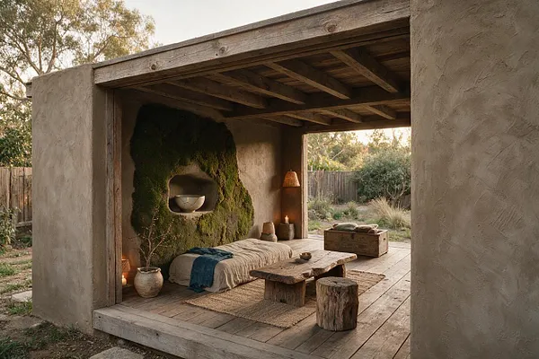 A serene backyard lounge with rough plaster walls, exposed wooden beams, and a weathered timber floor. Inside the open shelter are a low bed, rustic coffee table, log stool, woven rugs, pottery, and a moss-covered accent wall with a niche, creating a calm natural retreat.