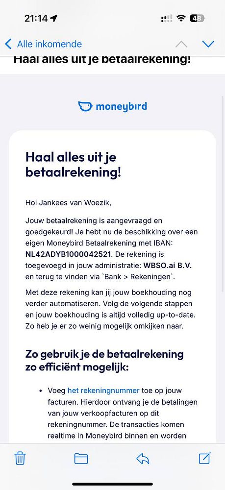 An email notification from Moneybird regarding a newly approved bank account.