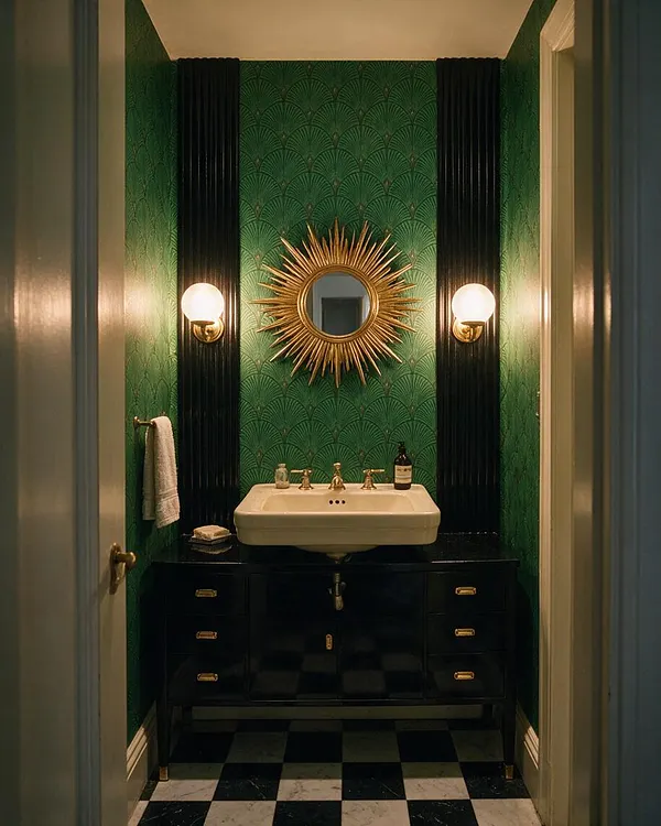 A narrow powder room designed in Art Deco style with emerald green patterned wallpaper, vertical black ribbed wall panels, and a gold sunburst mirror centered above a cream pedestal sink. Globe sconces flank the mirror, and a black vanity with brass hardware sits over a black-and-white checkered floor.